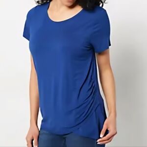 belle by Kim Gravel Nautical Blue Short Sleeve Tee Tulip Hem Ruched Side XXS NEW